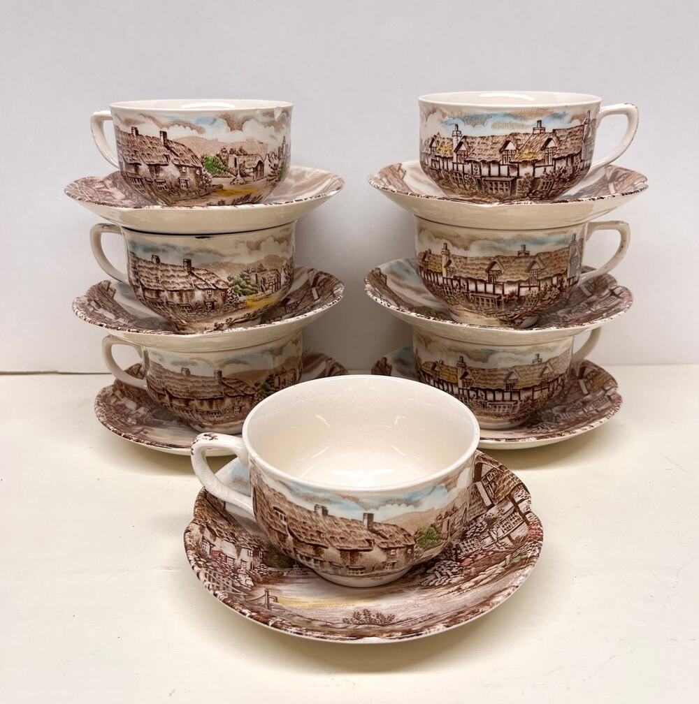 Vintage Johnson Bros Olde English Countryside Set of 7 Cup and Saucer FLAW